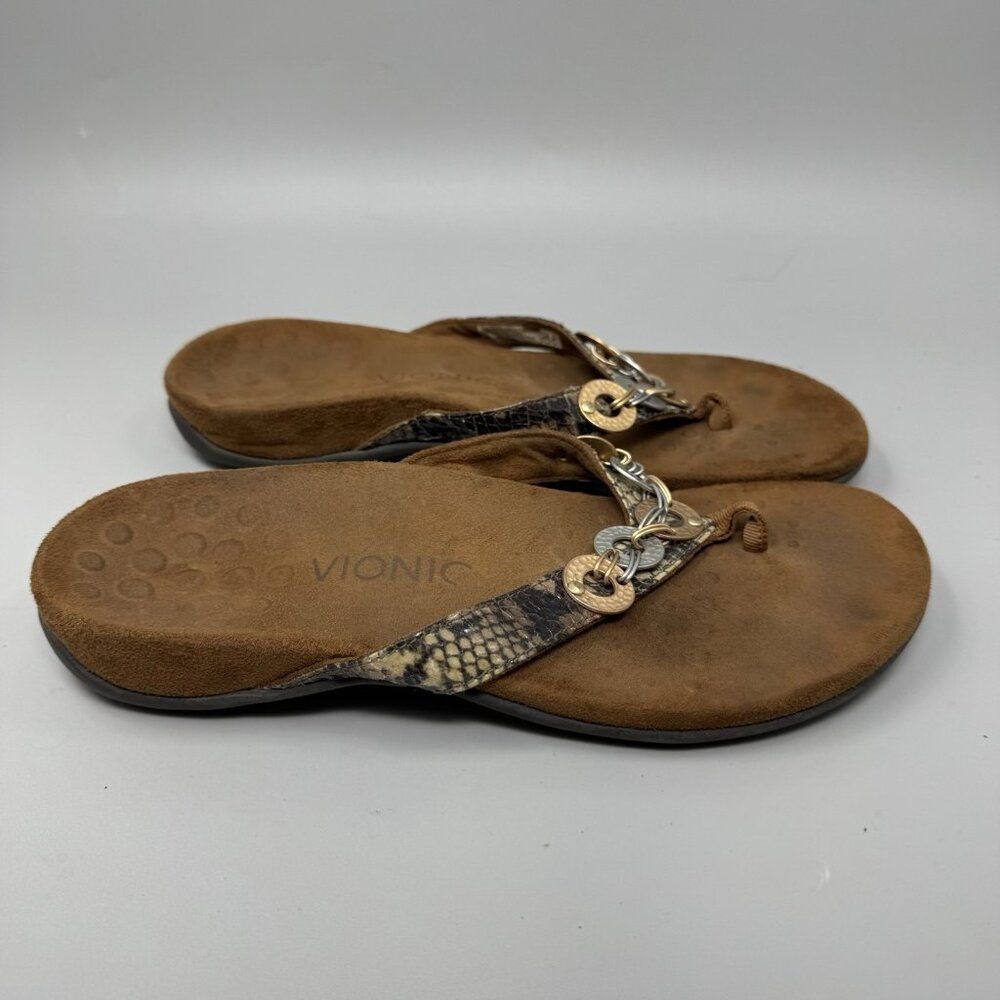 VIONIC 344 Lola Snakeskin Metallic Wedge Heel Thong Sandal Size 7